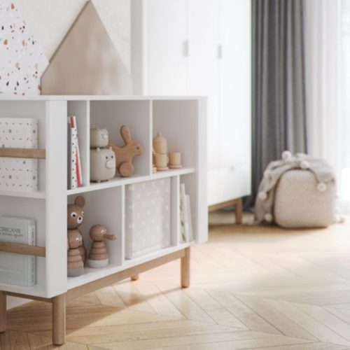 boekenkastje, decokastje babykamer meubel, witte commode, pinio
