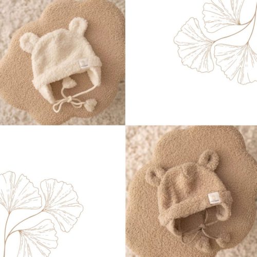 Babymutsje, teddy babymustje, crème babymutsje, cappuccino babymutsje, babymutsje met zijflappen, babymutsje met koord