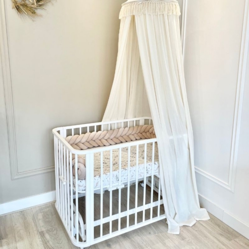 co sleeper ledikant wit, meegroeibed, doorgroeiledikant, wit wiegje met hemel, witte baby box met boxvlecht, schommelwieg