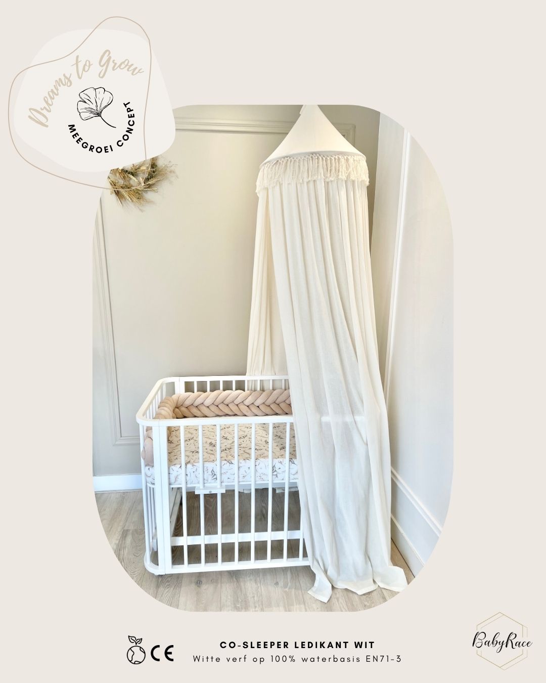 co sleeper ledikant wit babyrace, wiegje met hemel, witte box met boxvlecht, meegroeibed, doorgroeiledikant