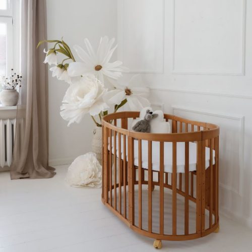 japandi ovale wieg ledikant 7-1, babybed walnoot hout, ovaal meegroeibed
