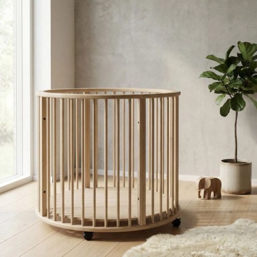 scandinavisch houten ronde box, houten babypark, houten babywieg, houten speelbox met wieltjes, scandinavische babykamer