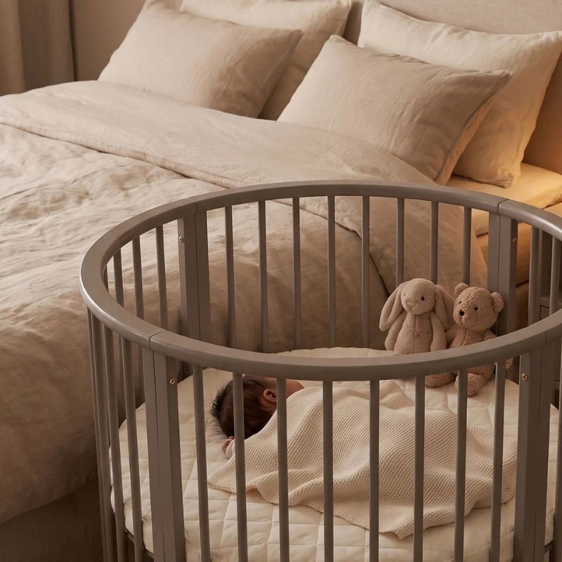 beige ronde box, rond wiegje, box 85cm, inclusief rond boxmatras