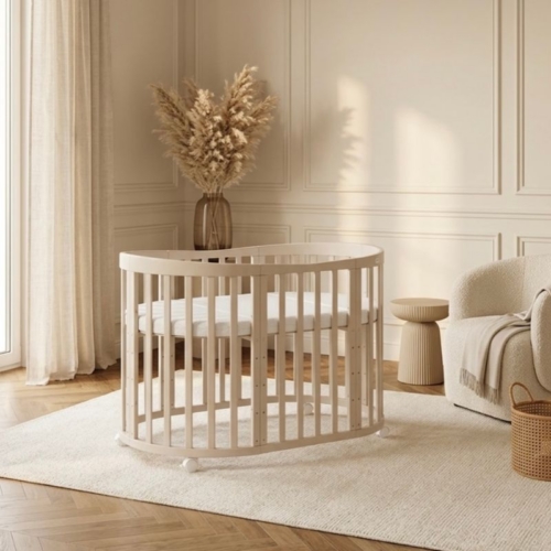 ovaal ledikant beige cashmere waldin, beige ovaal babybedje, beige babykamer, beige meegroeibed